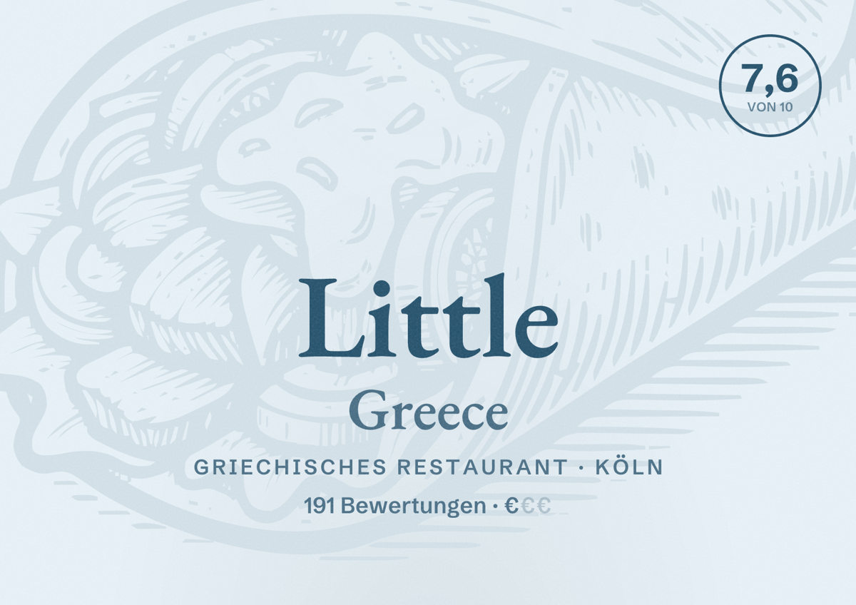 Illustriertes Poster von Little Greece, Griechisches Restaurant in Köln: Bewertung 7,6 von 10 aus 191 Bewertungen, Preisniveau €