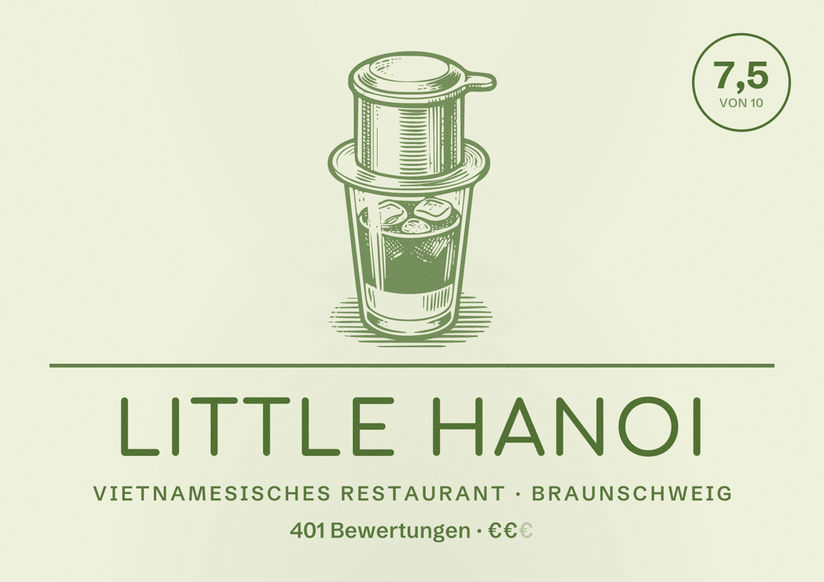 Illustriertes Poster von Little Hanoi, Vietnamesisches Restaurant in Braunschweig: Bewertung 7,5 von 10 aus 401 Bewertungen, Preisniveau €€