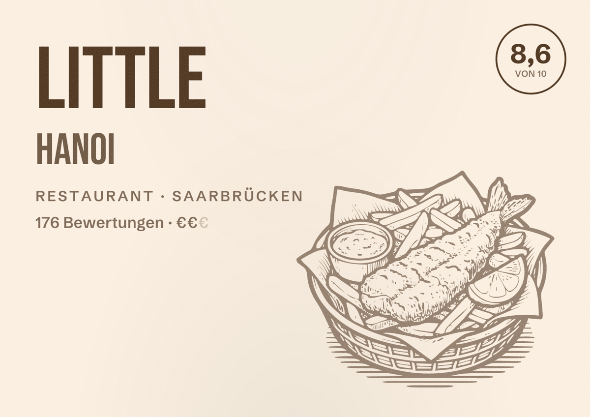 Illustriertes Poster von Little Hanoi, Restaurant in Saarbrücken: Bewertung 8,6 von 10 aus 176 Bewertungen, Preisniveau €€