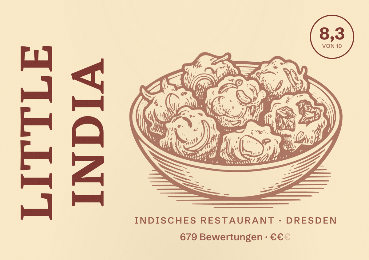 Illustriertes Poster von Little India, Indisches Restaurant in Dresden: Bewertung 8,3 von 10 aus 679 Bewertungen, Preisniveau €€
