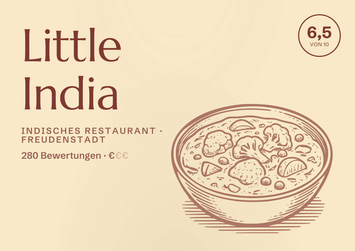 Illustriertes Poster von Little India, Indisches Restaurant in Freudenstadt: Bewertung 6,5 von 10 aus 280 Bewertungen, Preisniveau €