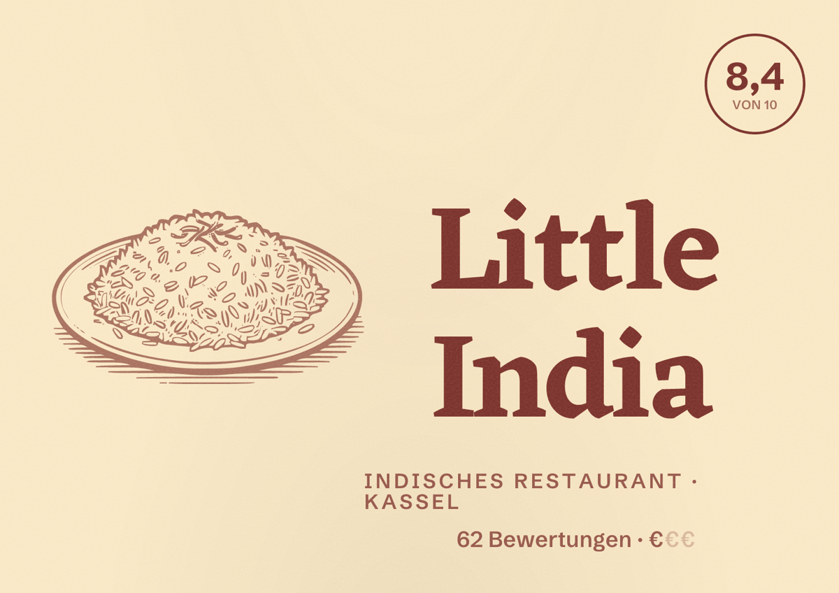 Illustriertes Poster von Little India, Indisches Restaurant in Kassel: Bewertung 8,4 von 10 aus 62 Bewertungen, Preisniveau €