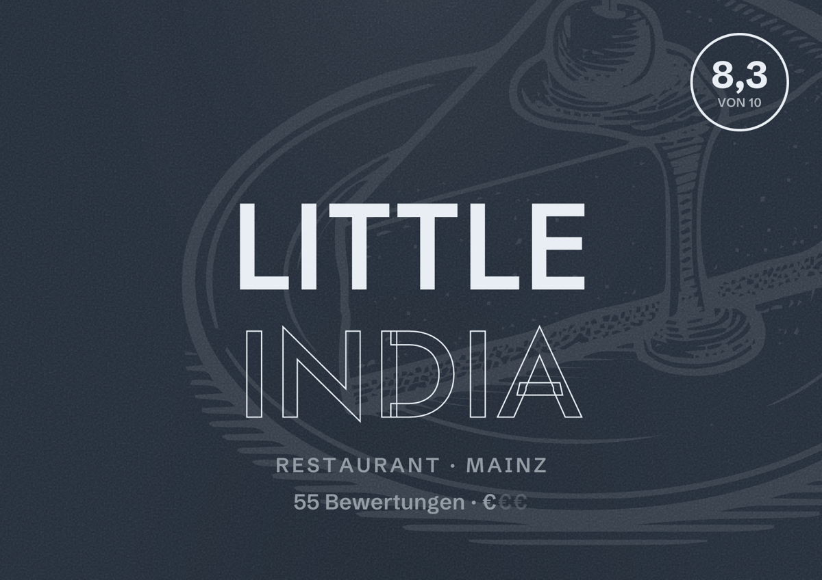 Illustriertes Poster von Little India, Restaurant in Mainz: Bewertung 8,3 von 10 aus 55 Bewertungen, Preisniveau €