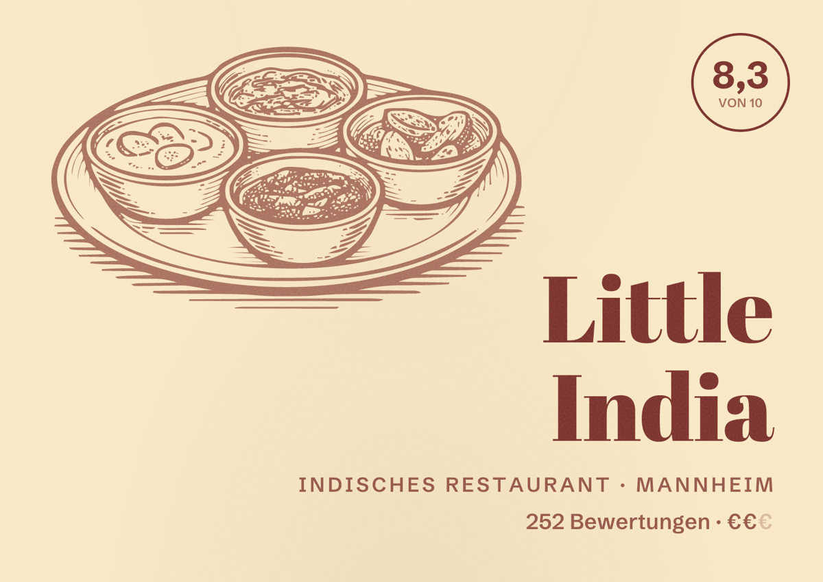 Illustriertes Poster von Little India, Indisches Restaurant in Mannheim: Bewertung 8,3 von 10 aus 252 Bewertungen, Preisniveau €€