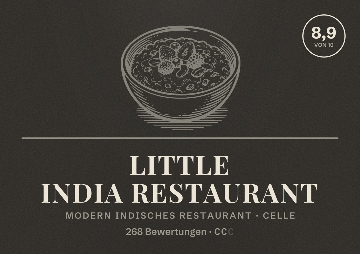 Illustriertes Poster von Little India Restaurant, Modern indisches Restaurant in Celle: Bewertung 8,9 von 10 aus 268 Bewertungen, Preisniveau €€