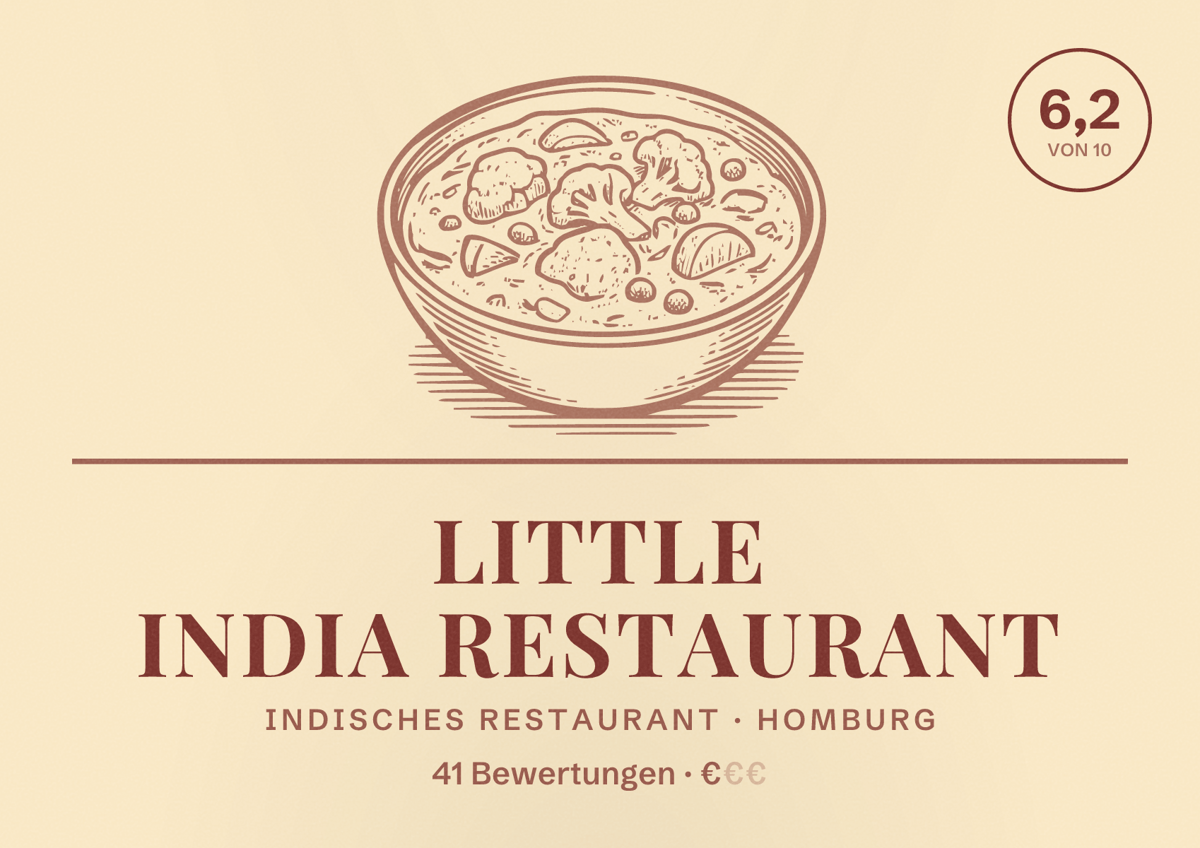 Illustriertes Poster von Little India Restaurant, Indisches Restaurant in Homburg: Bewertung 6,2 von 10 aus 41 Bewertungen, Preisniveau €