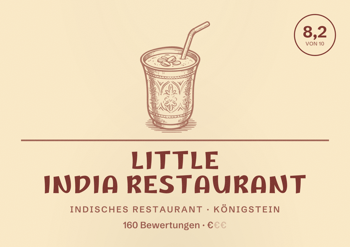 Illustriertes Poster von Little India Restaurant, Indisches Restaurant in Königstein: Bewertung 8,2 von 10 aus 160 Bewertungen, Preisniveau €