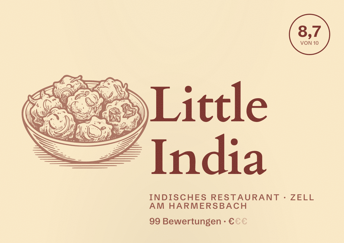 Illustriertes Poster von Little India, Indisches Restaurant in Zell am Harmersbach: Bewertung 8,7 von 10 aus 99 Bewertungen, Preisniveau €