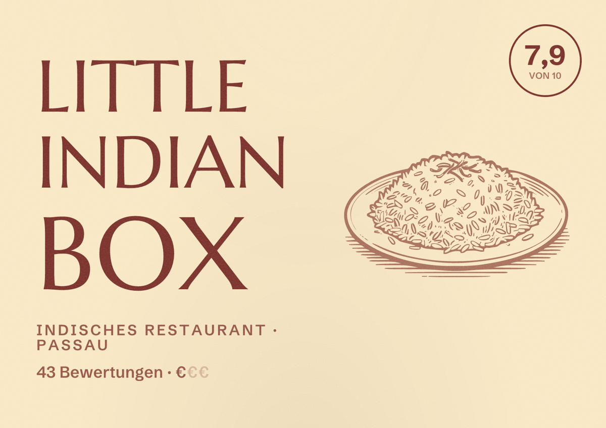 Illustriertes Poster von Little Indian Box, Indisches Restaurant in Passau: Bewertung 7,9 von 10 aus 43 Bewertungen, Preisniveau €