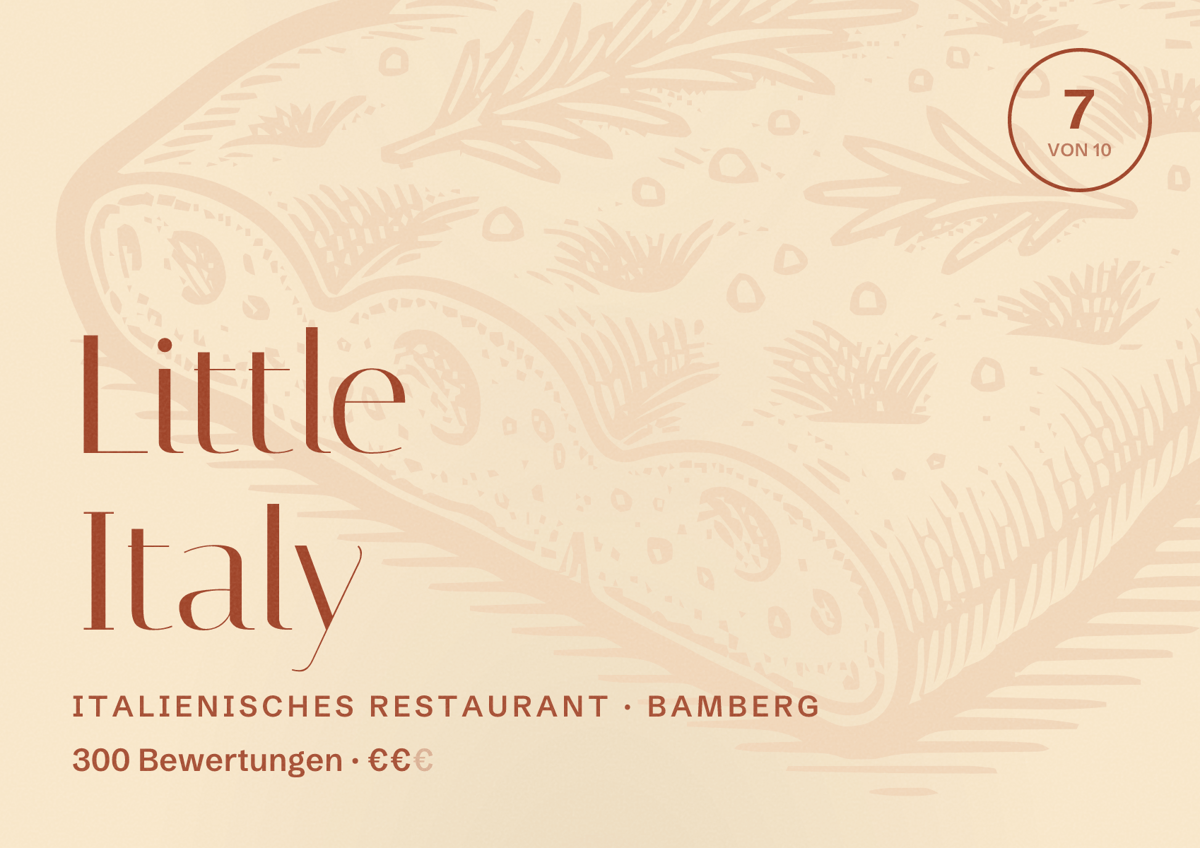 Illustriertes Poster von Little Italy, Italienisches Restaurant in Bamberg: Bewertung 7 von 10 aus 300 Bewertungen, Preisniveau €€