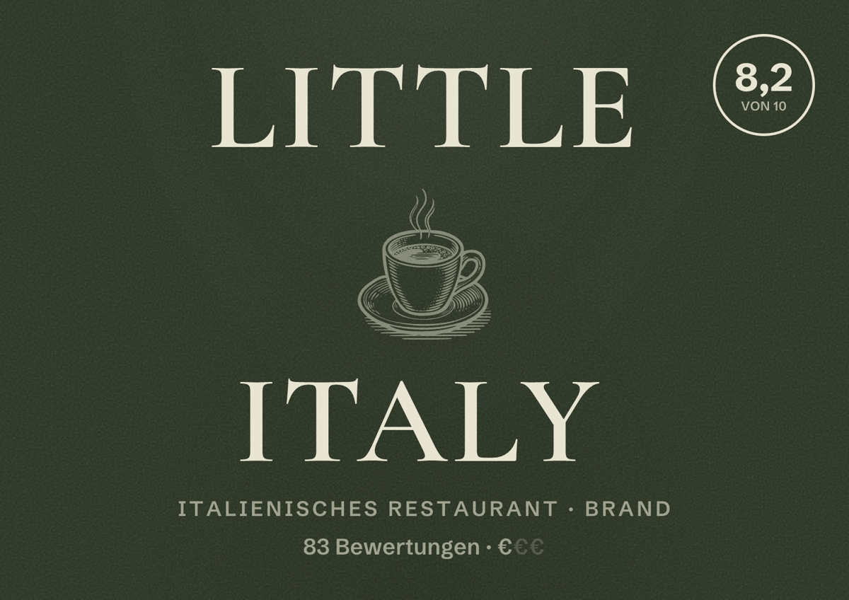 Illustriertes Poster von Little Italy, Italienisches Restaurant in Brand: Bewertung 8,2 von 10 aus 83 Bewertungen, Preisniveau €