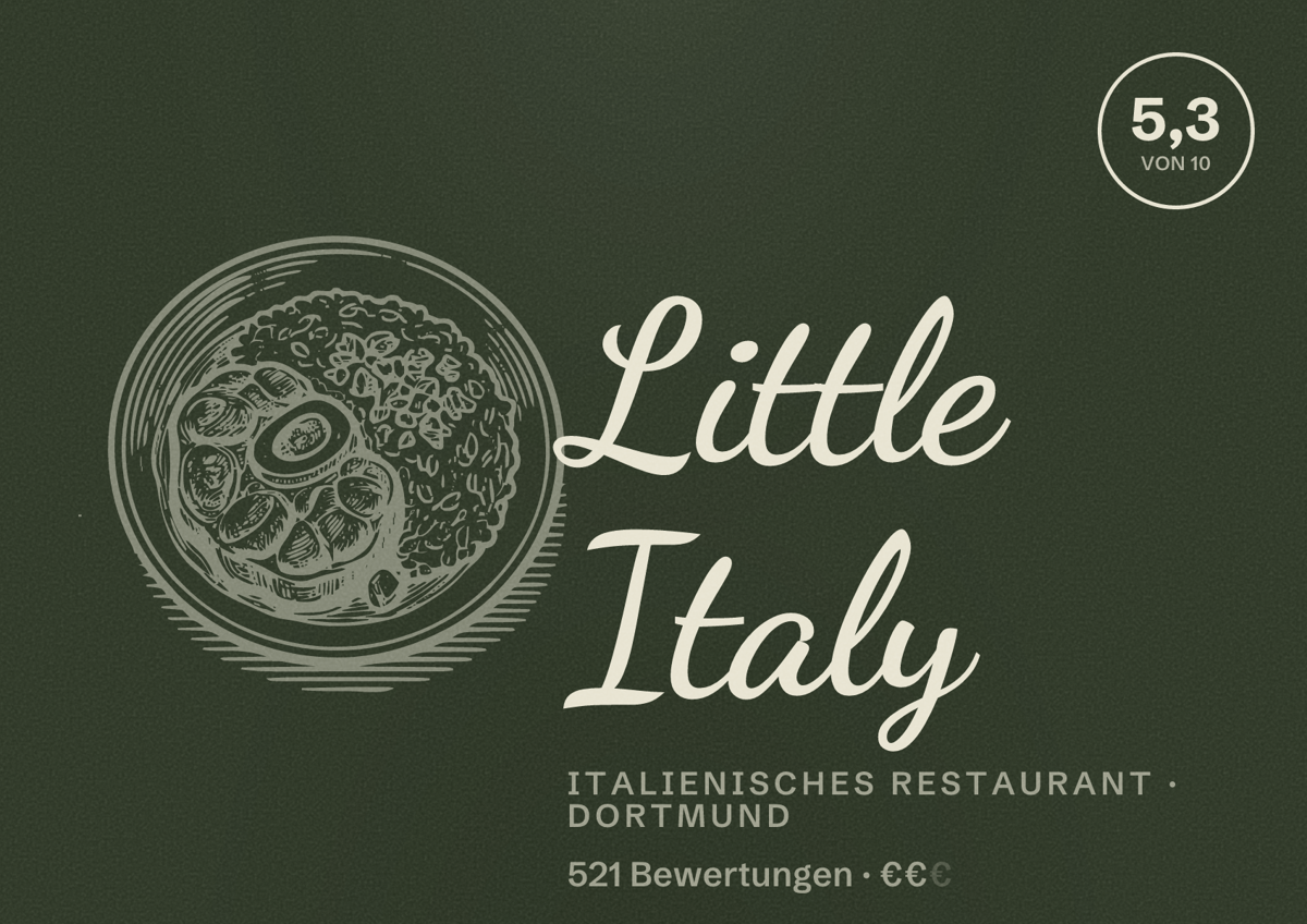 Illustriertes Poster von Little Italy, Italienisches Restaurant in Dortmund: Bewertung 5,3 von 10 aus 521 Bewertungen, Preisniveau €€