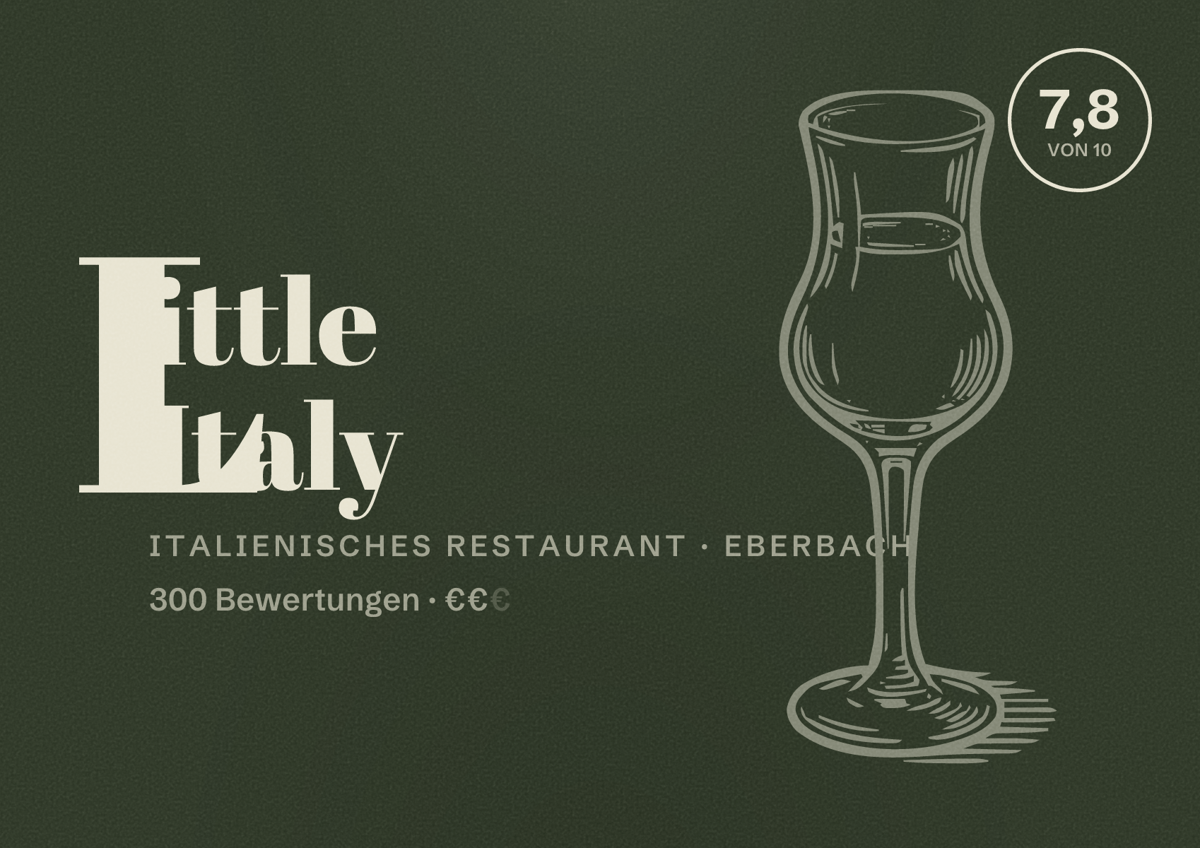 Illustriertes Poster von Little Italy, Italienisches Restaurant in Eberbach: Bewertung 7,8 von 10 aus 300 Bewertungen, Preisniveau €€