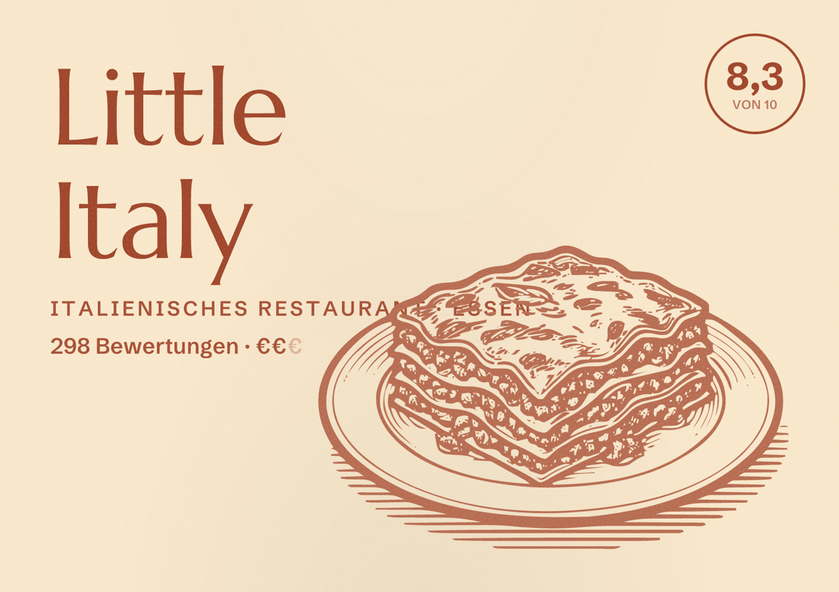 Illustriertes Poster von Little Italy, Italienisches Restaurant in Essen: Bewertung 8,3 von 10 aus 298 Bewertungen, Preisniveau €€