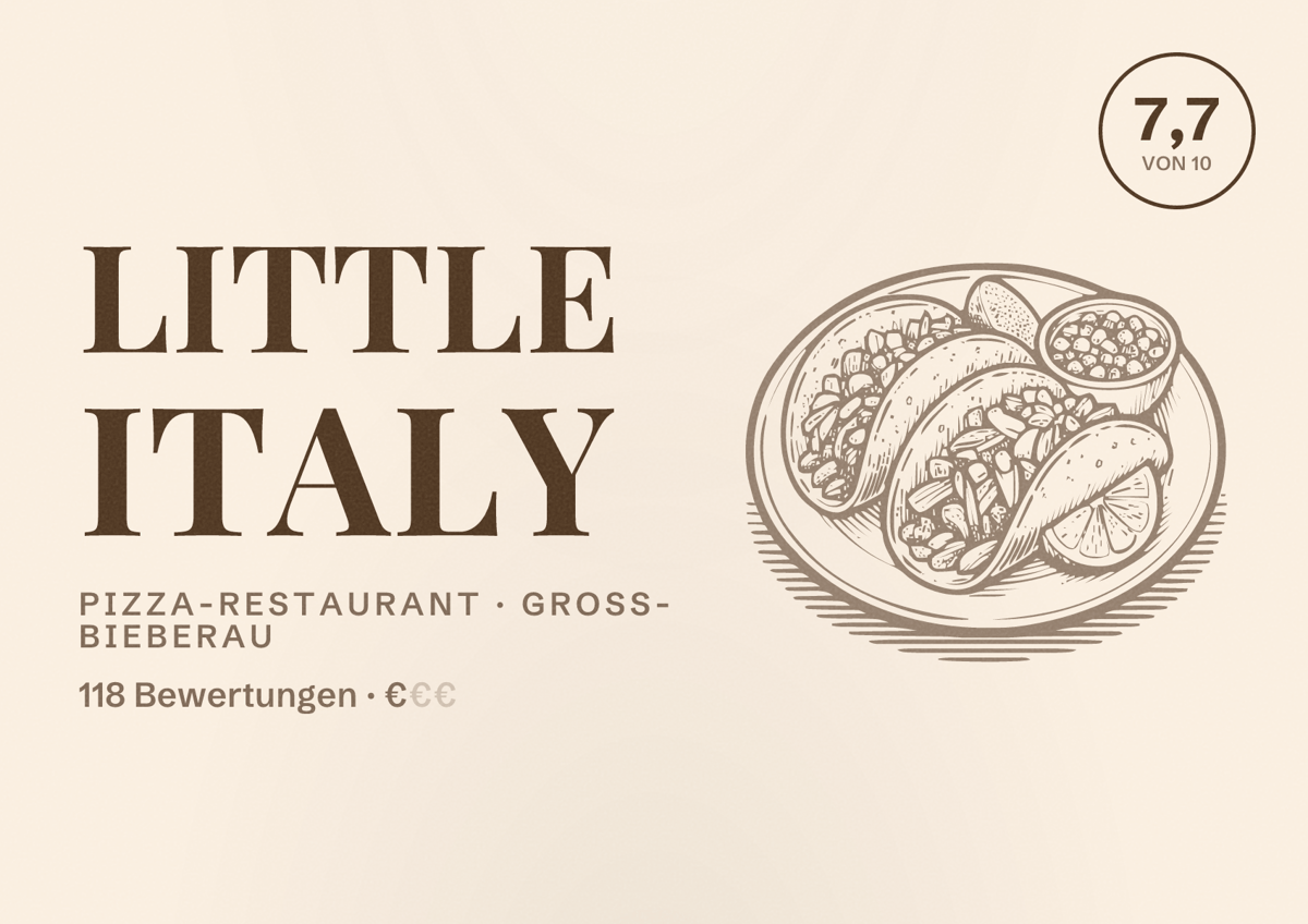 Illustriertes Poster von Little Italy, Pizza-Restaurant in Groß-Bieberau: Bewertung 7,7 von 10 aus 118 Bewertungen, Preisniveau €
