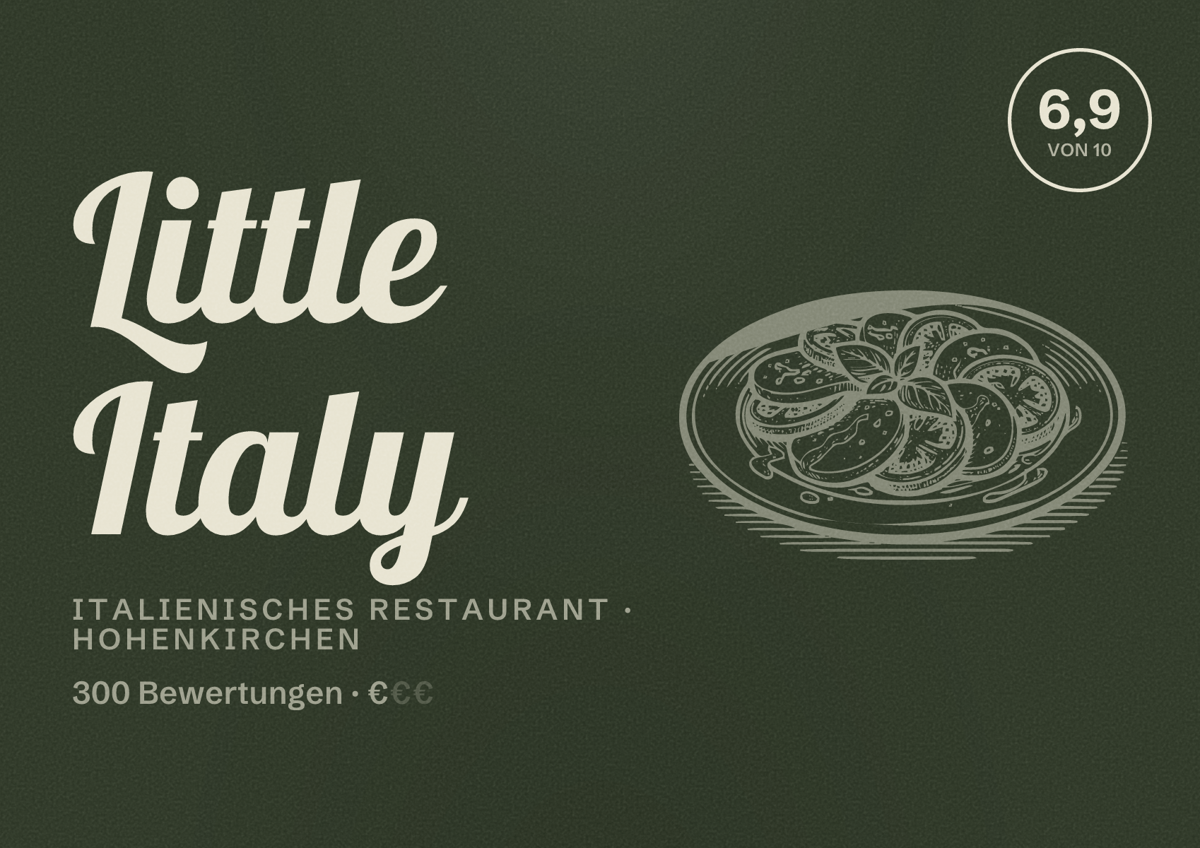 Illustriertes Poster von Little Italy, Italienisches Restaurant in Hohenkirchen: Bewertung 6,9 von 10 aus 300 Bewertungen, Preisniveau €