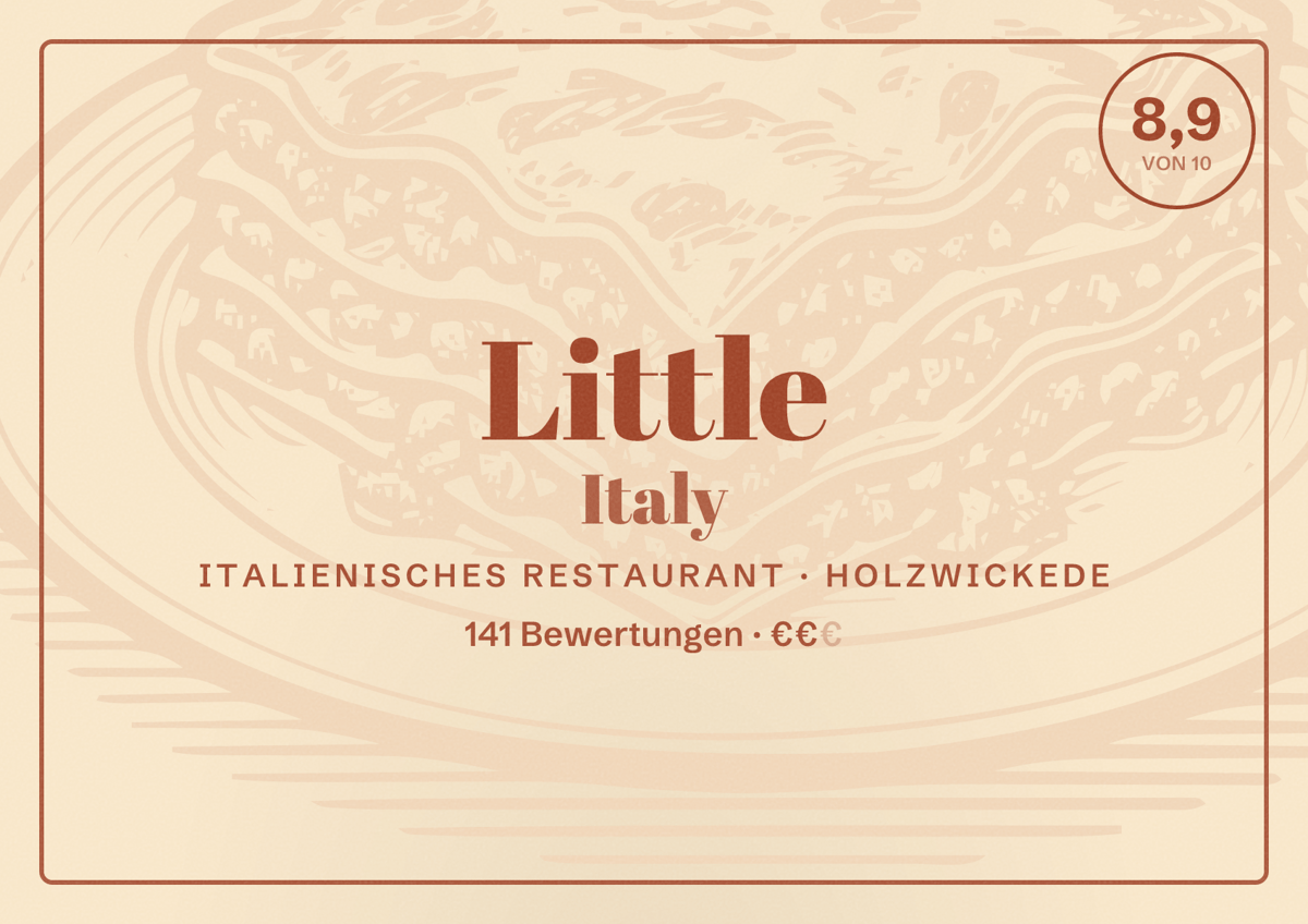 Illustriertes Poster von Little Italy, Italienisches Restaurant in Holzwickede: Bewertung 8,9 von 10 aus 141 Bewertungen, Preisniveau €€