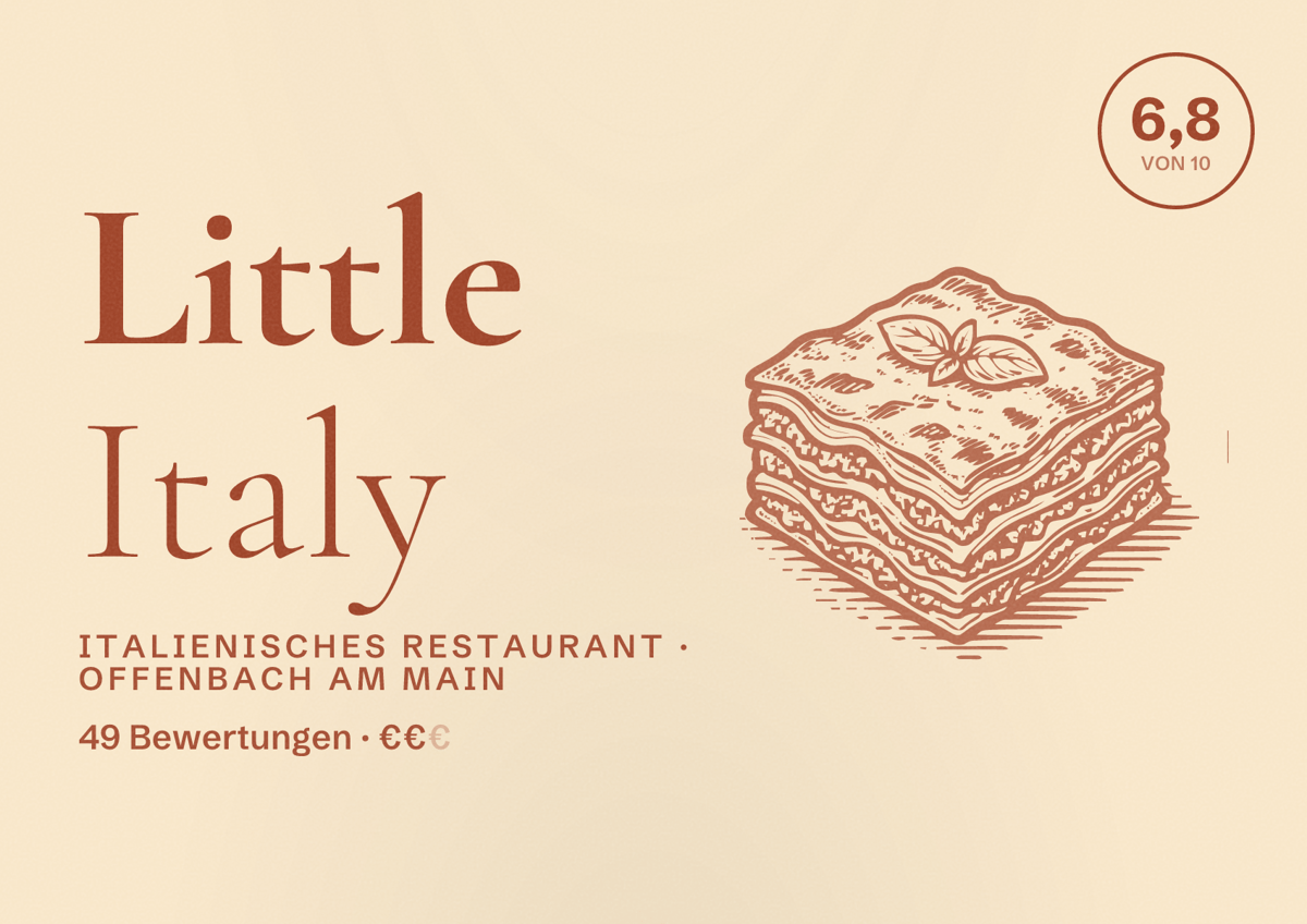 Illustriertes Poster von Little Italy, Italienisches Restaurant in Offenbach am Main: Bewertung 6,8 von 10 aus 49 Bewertungen, Preisniveau €€