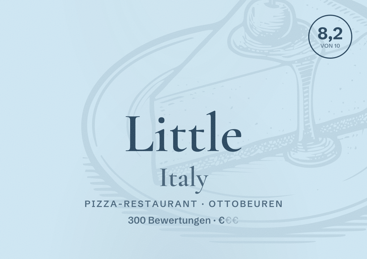 Illustriertes Poster von Little Italy, Pizza-Restaurant in Ottobeuren: Bewertung 8,2 von 10 aus 300 Bewertungen, Preisniveau €