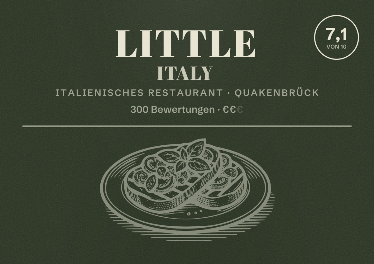 Illustriertes Poster von Little Italy, Italienisches Restaurant in Quakenbrück: Bewertung 7,1 von 10 aus 300 Bewertungen, Preisniveau €€