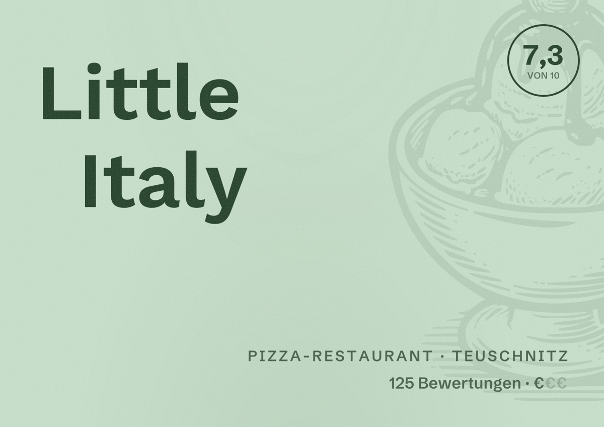 Illustriertes Poster von Little Italy, Pizza-Restaurant in Teuschnitz: Bewertung 7,3 von 10 aus 125 Bewertungen, Preisniveau €