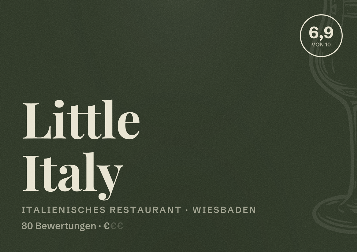 Illustriertes Poster von Little Italy, Italienisches Restaurant in Wiesbaden: Bewertung 6,9 von 10 aus 80 Bewertungen, Preisniveau €