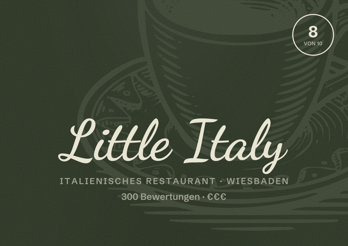 Illustriertes Poster von Little Italy, Italienisches Restaurant in Wiesbaden: Bewertung 8 von 10 aus 300 Bewertungen, Preisniveau €€€