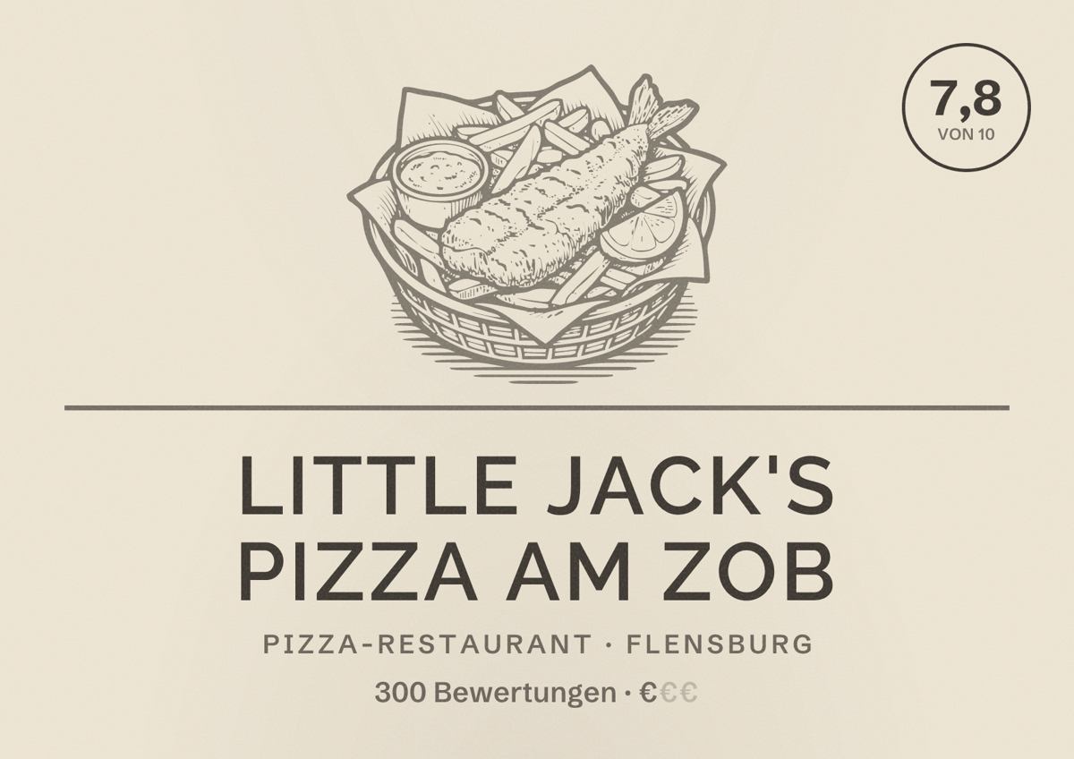 Illustriertes Poster von Little Jack's Pizza am ZOB, Pizza-Restaurant in Flensburg: Bewertung 7,8 von 10 aus 300 Bewertungen, Preisniveau €