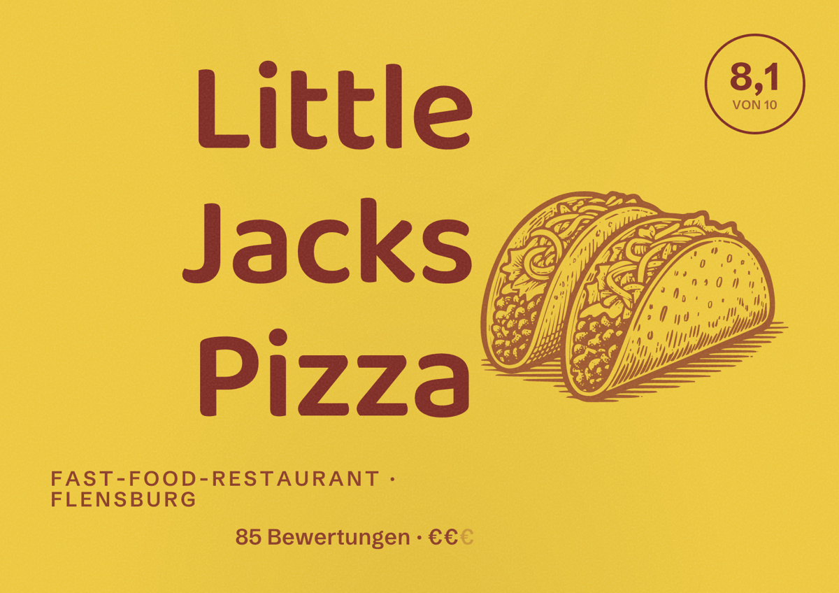 Illustriertes Poster von Little Jacks Pizza, Fast-Food-Restaurant in Flensburg: Bewertung 8,1 von 10 aus 85 Bewertungen, Preisniveau €€