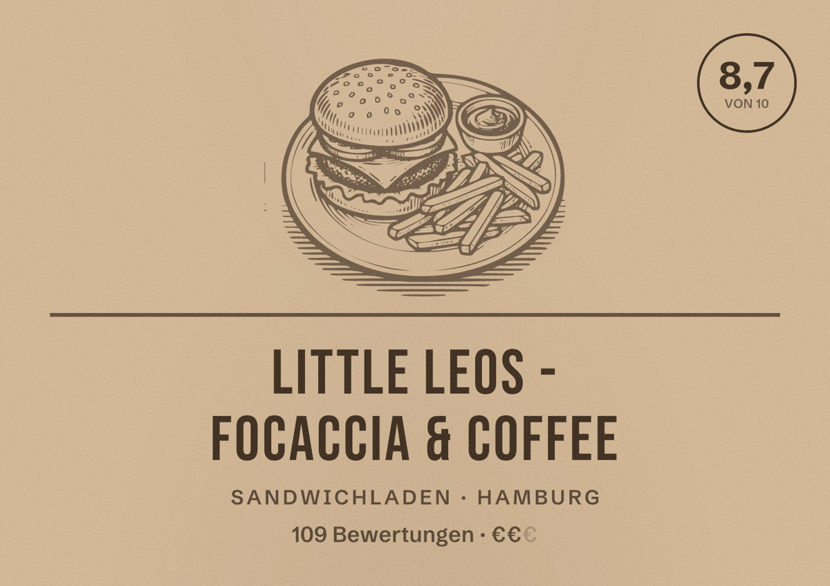 Illustriertes Poster von Little Leos - Focaccia & Coffee, Sandwichladen in Hamburg: Bewertung 8,7 von 10 aus 109 Bewertungen, Preisniveau €€