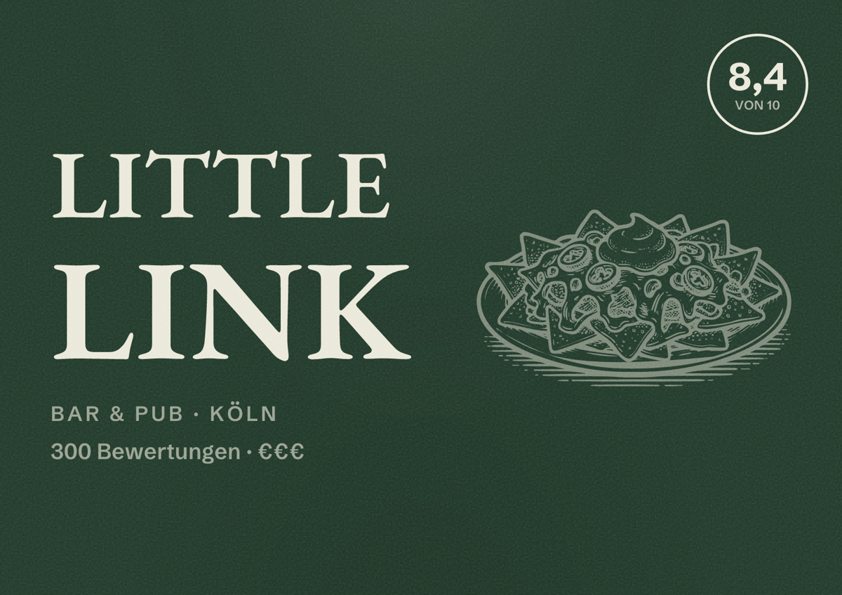 Illustriertes Poster von Little Link, Bar & Pub in Köln: Bewertung 8,4 von 10 aus 300 Bewertungen, Preisniveau €€€