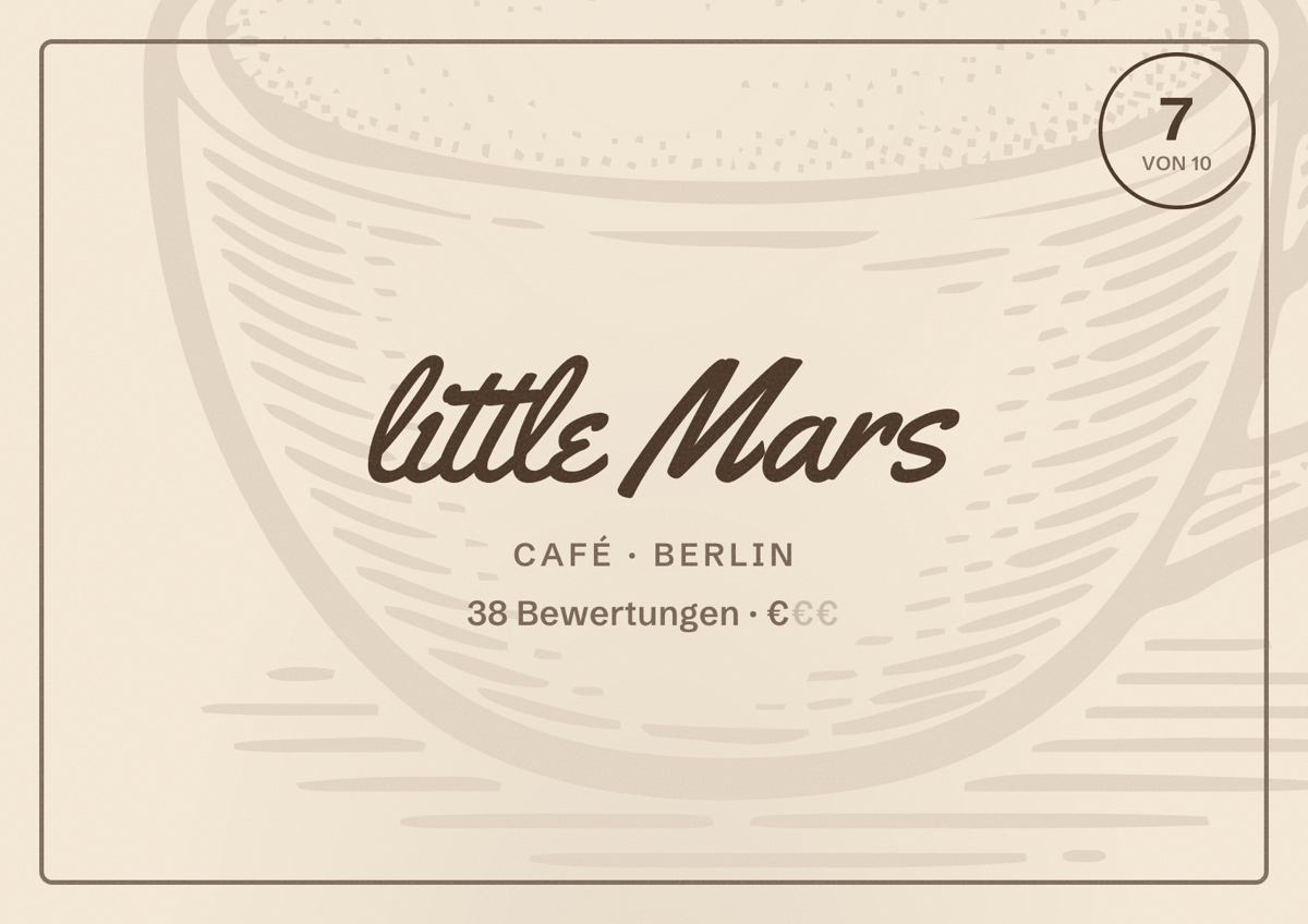 Illustriertes Poster von little Mars, Café in Berlin: Bewertung 7,0 von 10 aus 38 Bewertungen, Preisniveau €