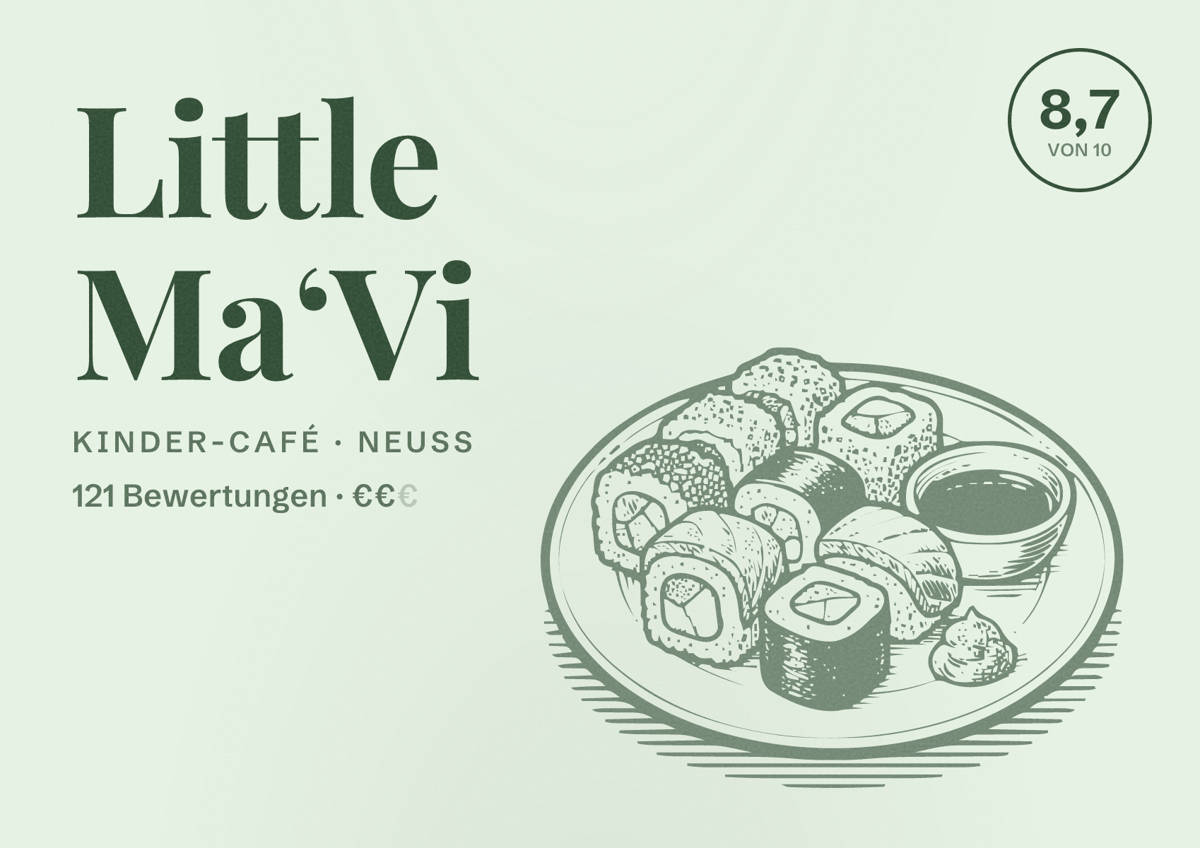 Illustriertes Poster von Little Ma‘Vi, Kinder-Café in Neuss: Bewertung 8,7 von 10 aus 121 Bewertungen, Preisniveau €€