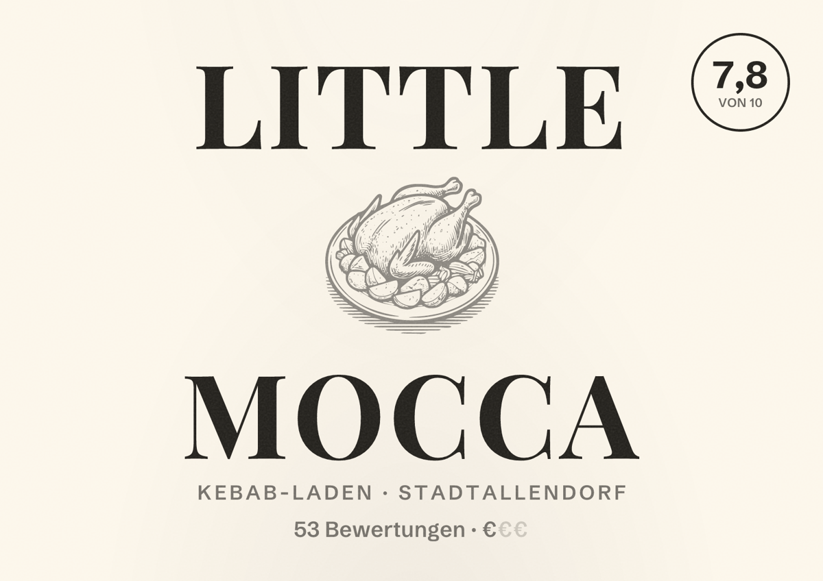 Illustriertes Poster von Little MOCCA, Kebab-Laden in Stadtallendorf: Bewertung 7,8 von 10 aus 53 Bewertungen, Preisniveau €