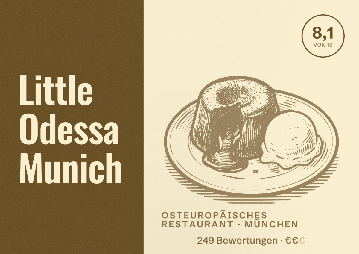 Illustriertes Poster von Little Odessa Munich, Osteuropäisches Restaurant in München: Bewertung 8,1 von 10 aus 249 Bewertungen, Preisniveau €€