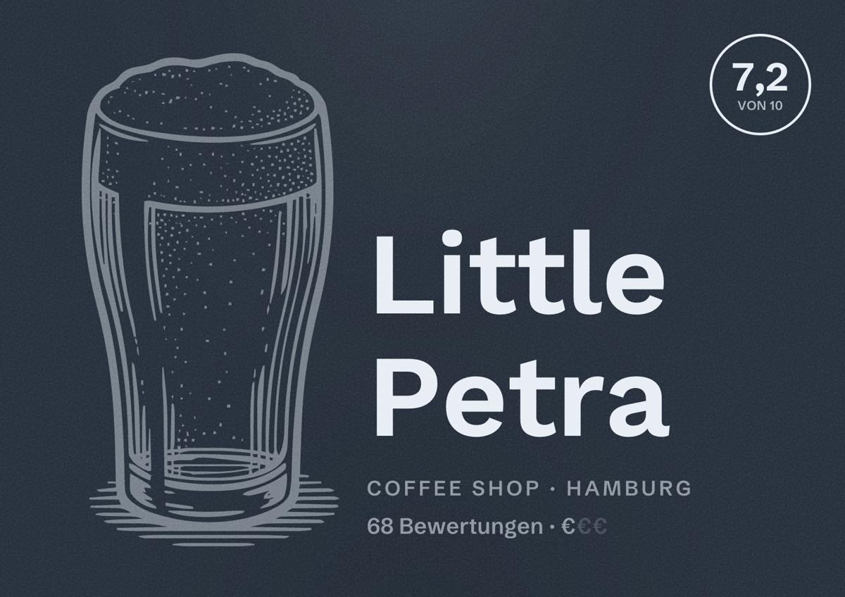 Illustriertes Poster von Little Petra, Coffee Shop in Hamburg: Bewertung 7,2 von 10 aus 68 Bewertungen, Preisniveau €