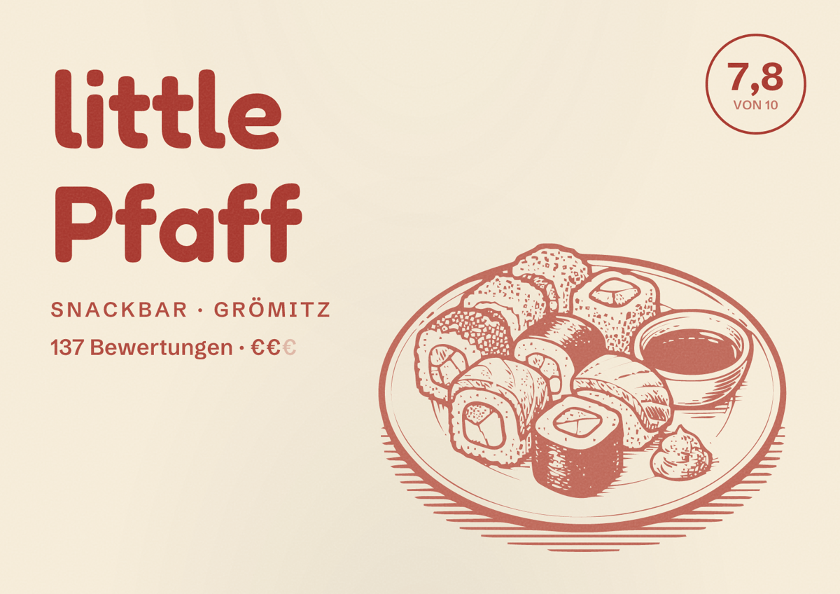 Illustriertes Poster von little Pfaff, Snackbar in Grömitz: Bewertung 7,8 von 10 aus 137 Bewertungen, Preisniveau €€