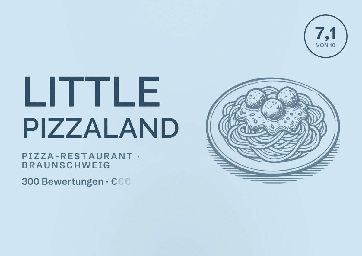 Illustriertes Poster von Little PizzaLand, Pizza-Restaurant in Braunschweig: Bewertung 7,1 von 10 aus 300 Bewertungen, Preisniveau €