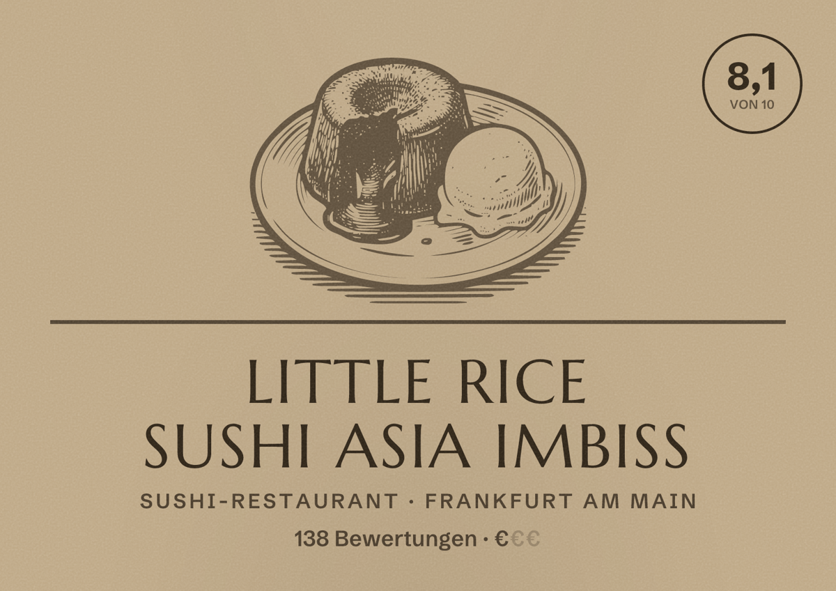 Illustriertes Poster von Little Rice Sushi Asia Imbiss, Sushi-Restaurant in Frankfurt am Main: Bewertung 8,1 von 10 aus 138 Bewertungen, Preisniveau €