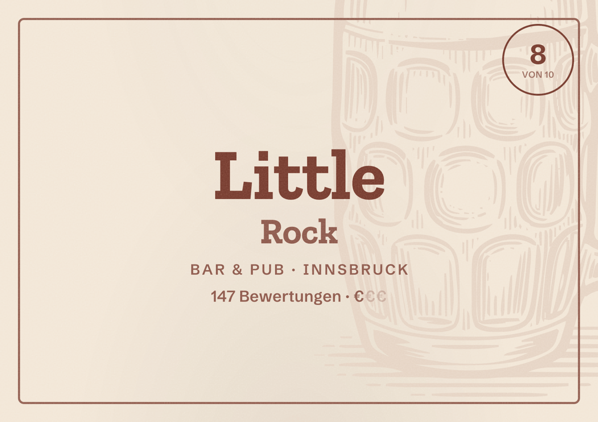 Illustriertes Poster von Little Rock, Bar & Pub in Innsbruck: Bewertung 8 von 10 aus 147 Bewertungen, Preisniveau €