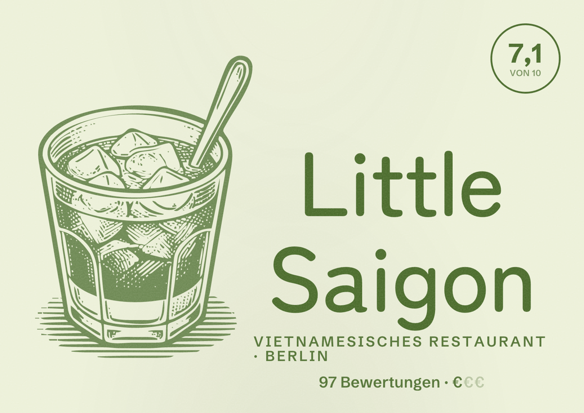 Illustriertes Poster von Little Saigon, Vietnamesisches Restaurant in Berlin: Bewertung 7,1 von 10 aus 97 Bewertungen, Preisniveau €