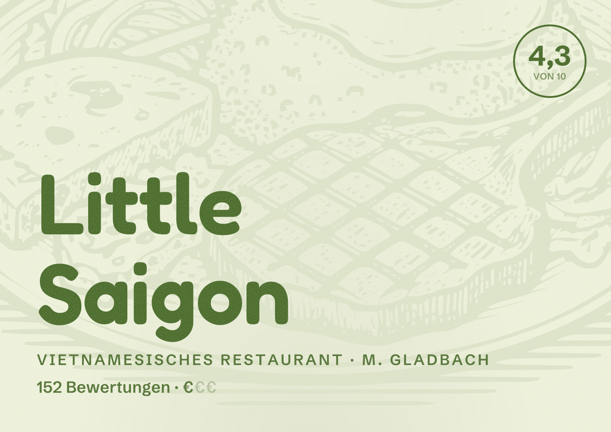 Illustriertes Poster von Little Saigon, Vietnamesisches Restaurant in M. Gladbach: Bewertung 4,3 von 10 aus 152 Bewertungen, Preisniveau €