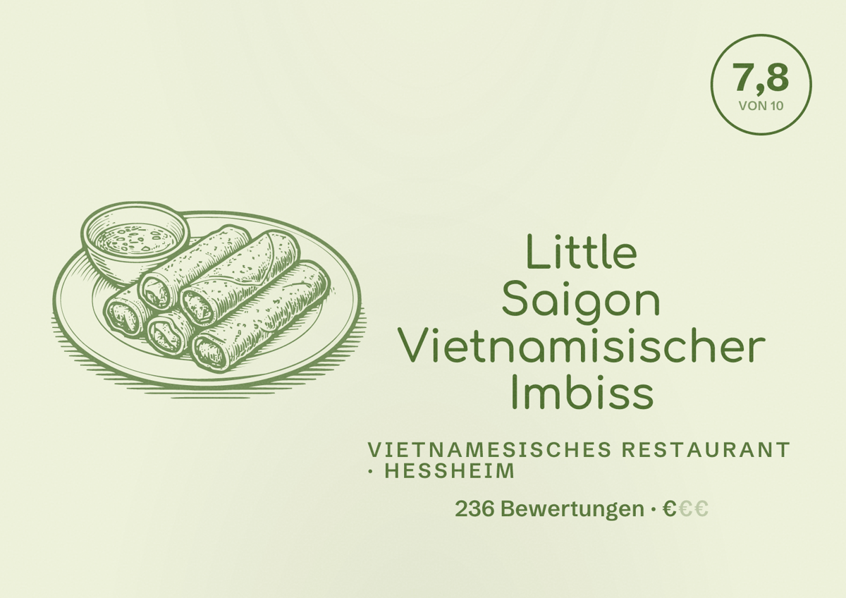 Illustriertes Poster von Little Saigon Vietnamisischer Imbiss, Vietnamesisches Restaurant in Heßheim: Bewertung 7,8 von 10 aus 236 Bewertungen, Preisniveau €
