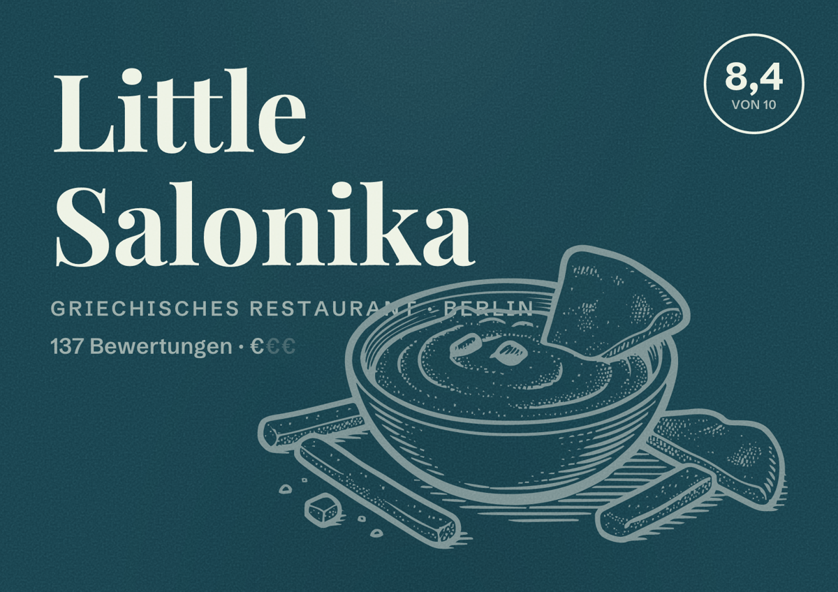 Illustriertes Poster von Little Salonika, Griechisches Restaurant in Berlin: Bewertung 8,4 von 10 aus 137 Bewertungen, Preisniveau €