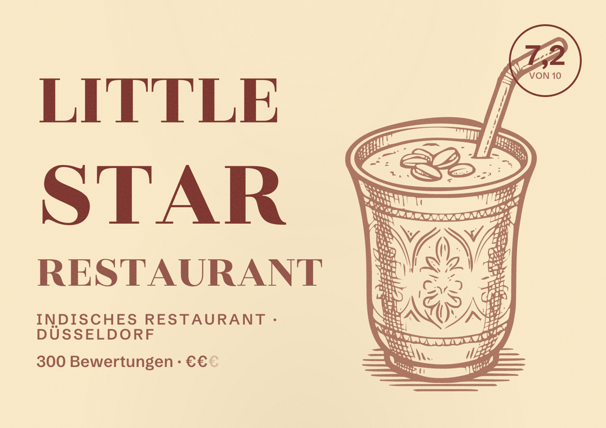 Illustriertes Poster von Little Star Restaurant, Indisches Restaurant in Düsseldorf: Bewertung 7,2 von 10 aus 300 Bewertungen, Preisniveau €€