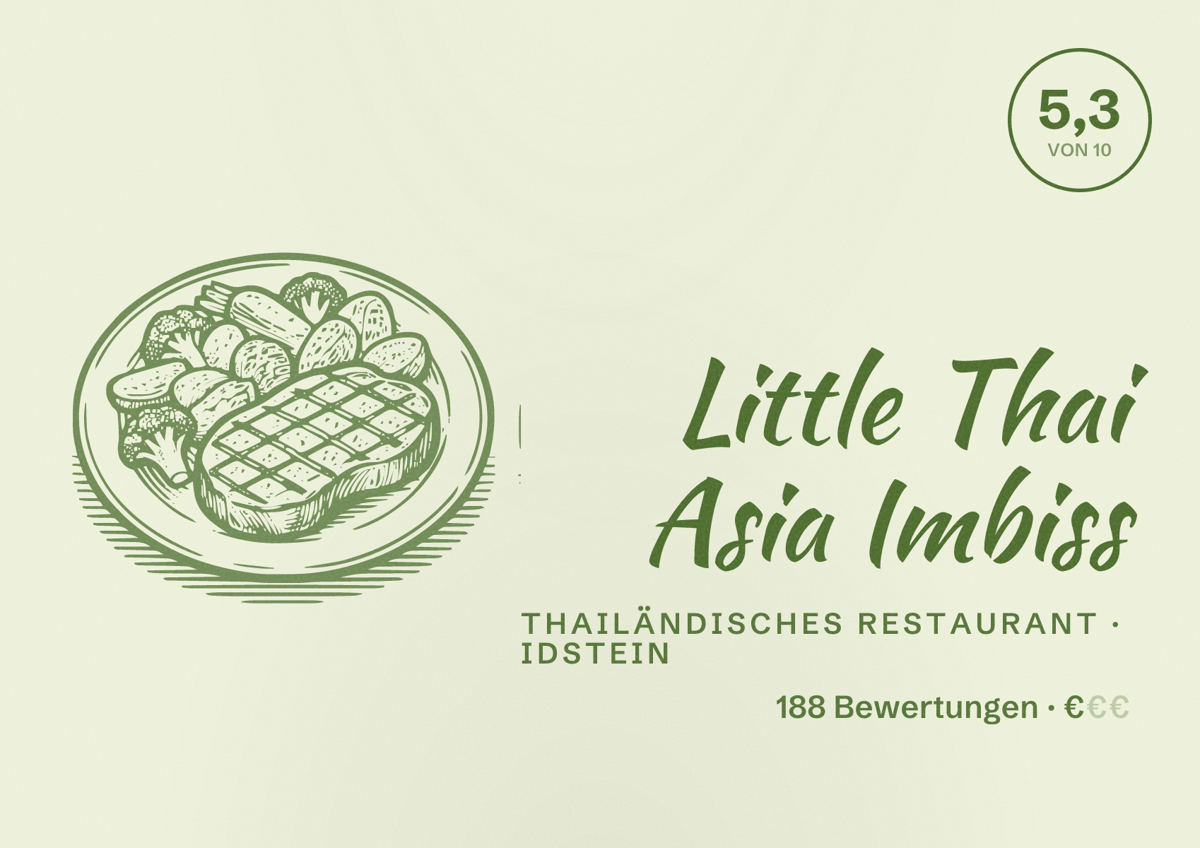 Illustriertes Poster von Little Thai Asia Imbiss, Thailändisches Restaurant in Idstein: Bewertung 5,3 von 10 aus 188 Bewertungen, Preisniveau €