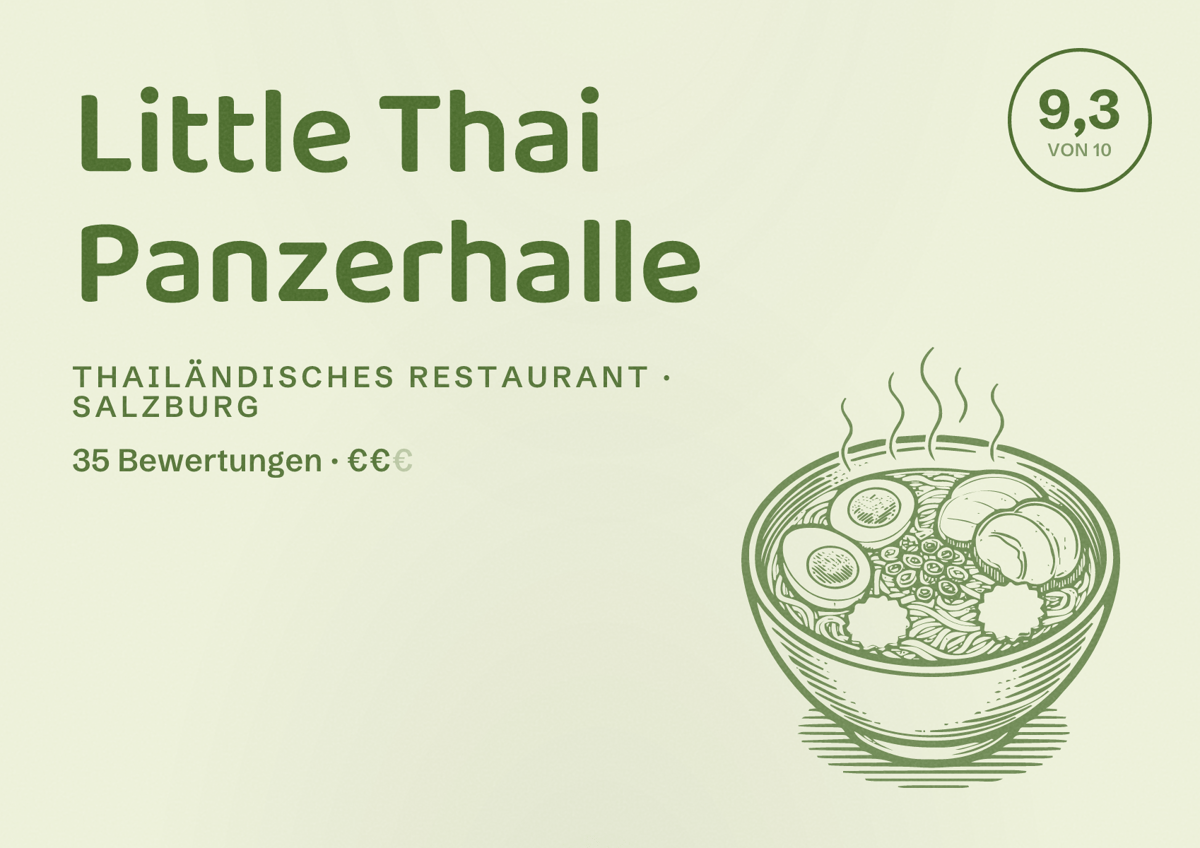 Illustriertes Poster von Little Thai Panzerhalle, Thailändisches Restaurant in Salzburg: Bewertung 9,3 von 10 aus 35 Bewertungen, Preisniveau €€