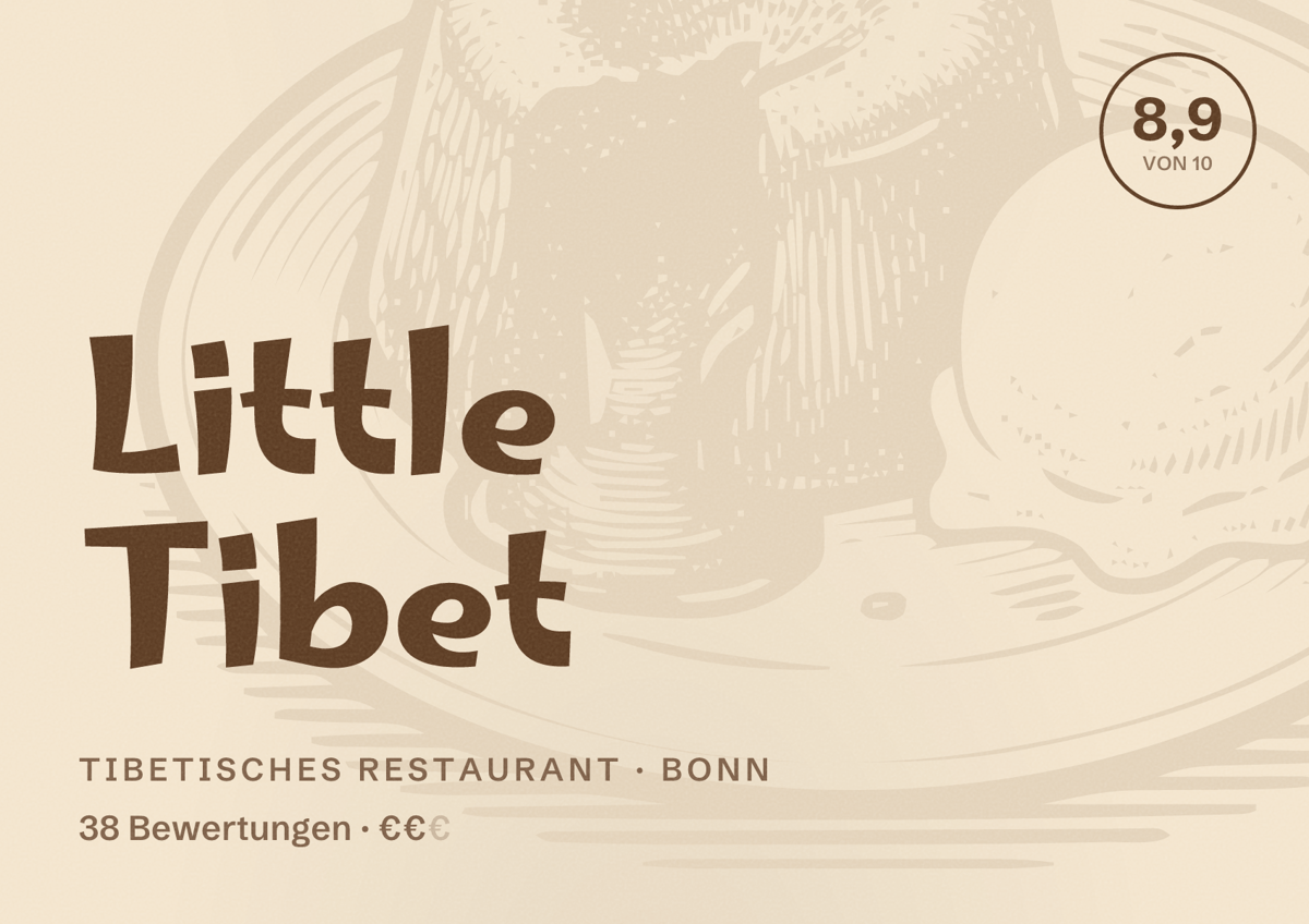 Illustriertes Poster von Little Tibet, Tibetisches Restaurant in Bonn: Bewertung 8,9 von 10 aus 38 Bewertungen, Preisniveau €€