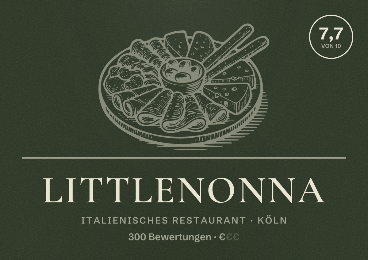 Illustriertes Poster von littleNONNA, Italienisches Restaurant in Köln: Bewertung 7,7 von 10 aus 300 Bewertungen, Preisniveau €