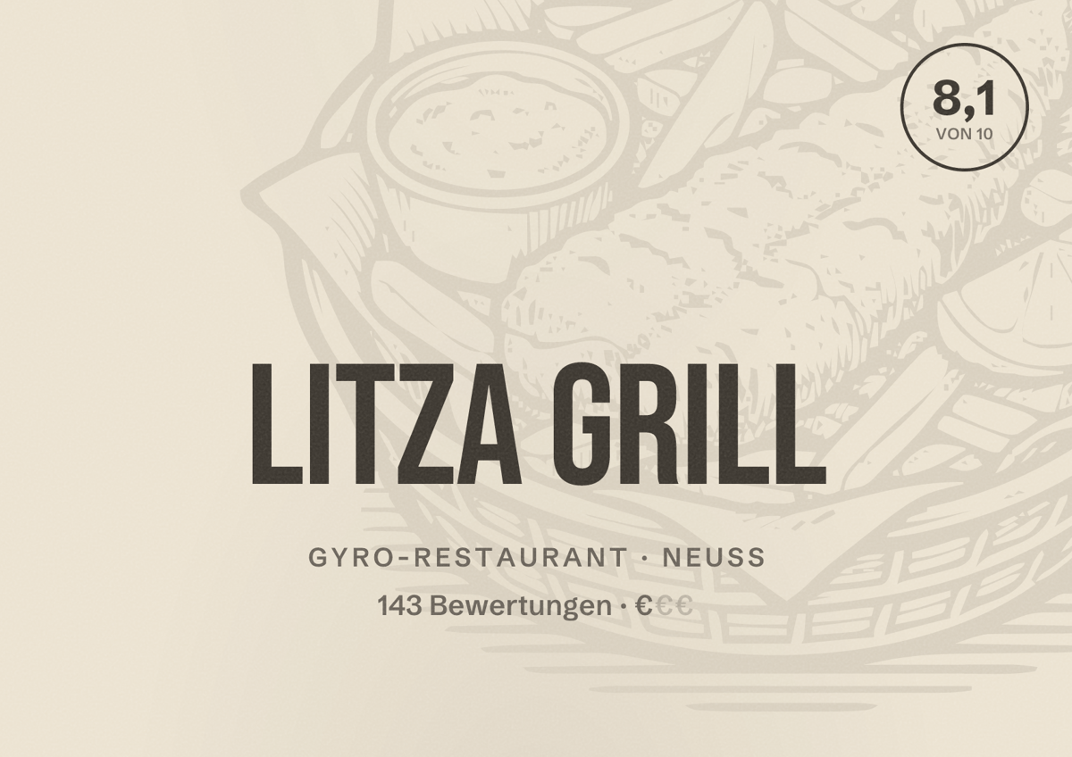 Illustriertes Poster von Litza Grill, Gyro-Restaurant in Neuss: Bewertung 8,1 von 10 aus 143 Bewertungen, Preisniveau €